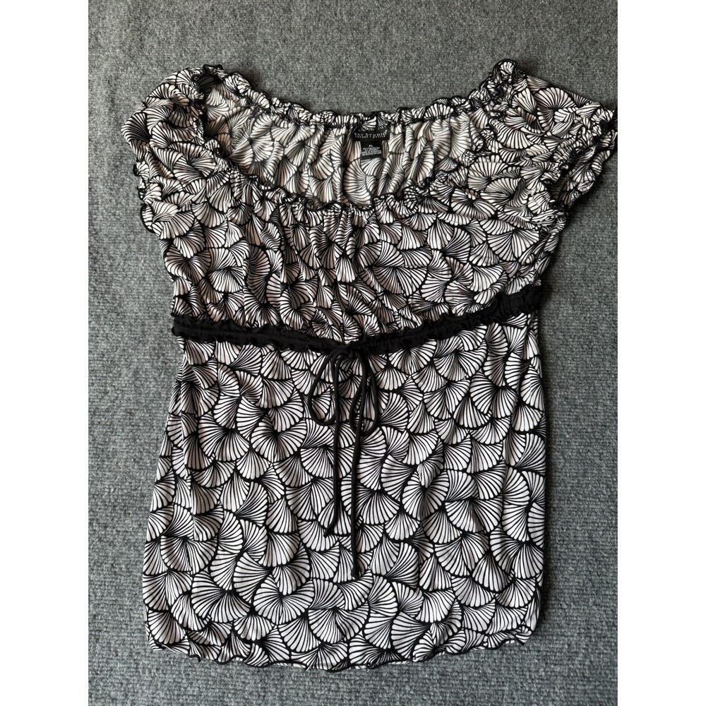Bay Studio‎ Career Petite Women's Black & White Fan Print Drawstring Blouse Top